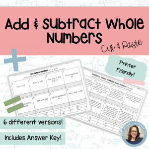Add & Subtract Whole Numbers Cut & Paste Activity