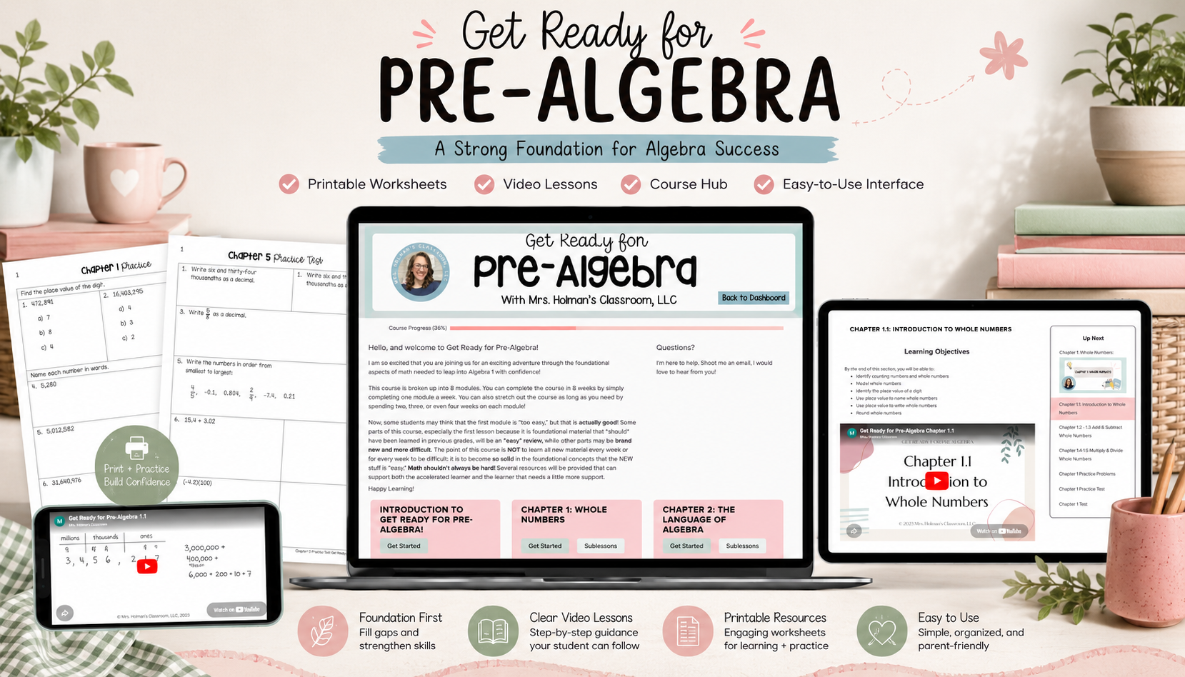 Get Ready for Pre-Algebra course shown on laptop, tablet, and phone with printable worksheets